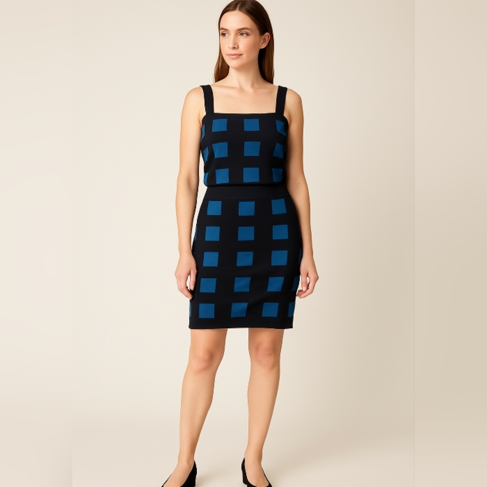 Elegant Blue and Black Checkered Dress
